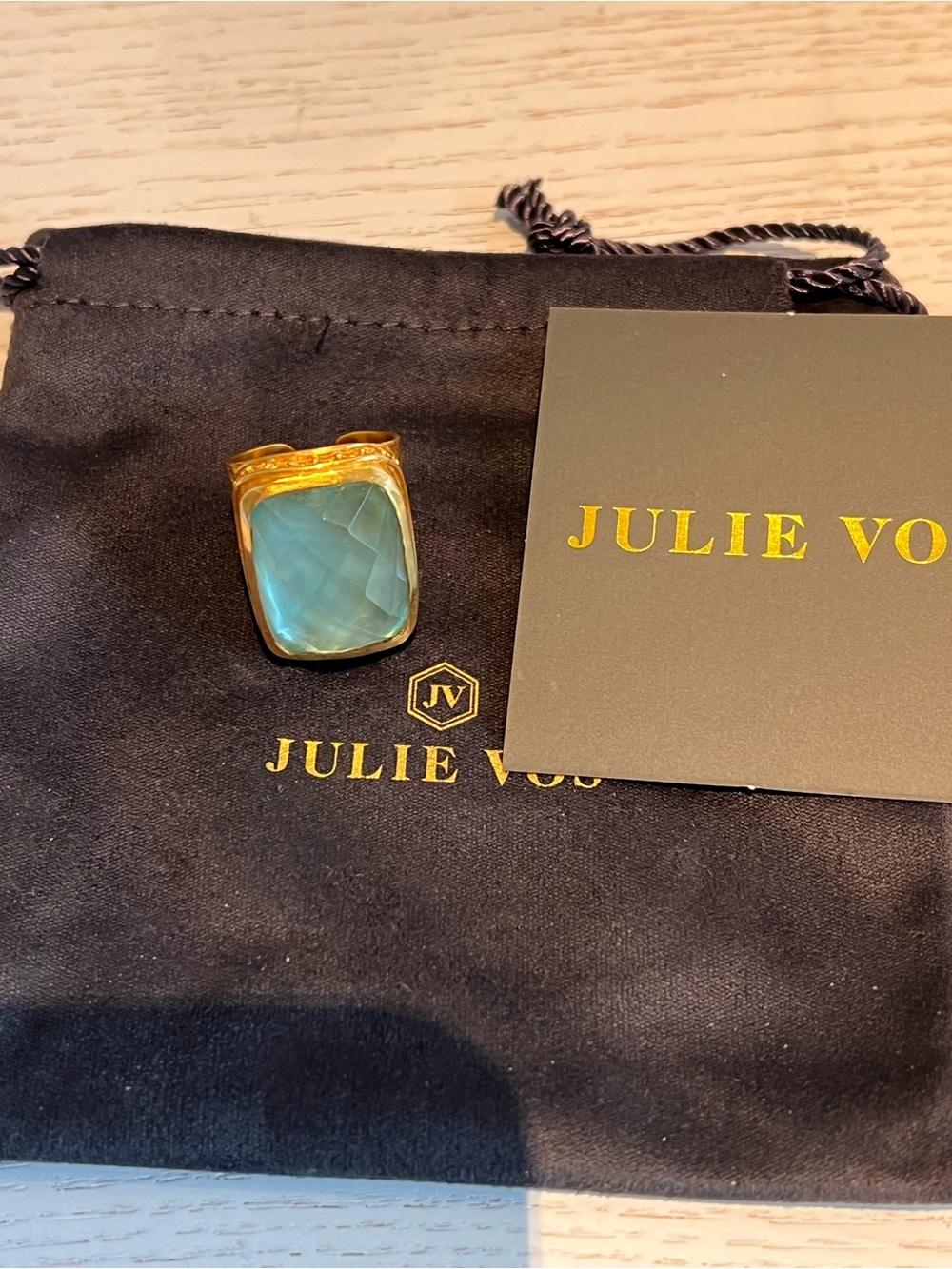 Julie Vos Gold Ring with Aquamarine Green Stone